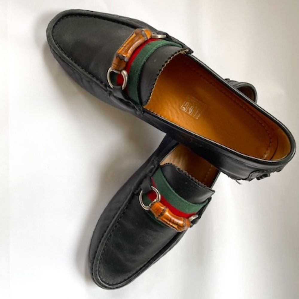 Gucci black bamboo horse bit driving loafers